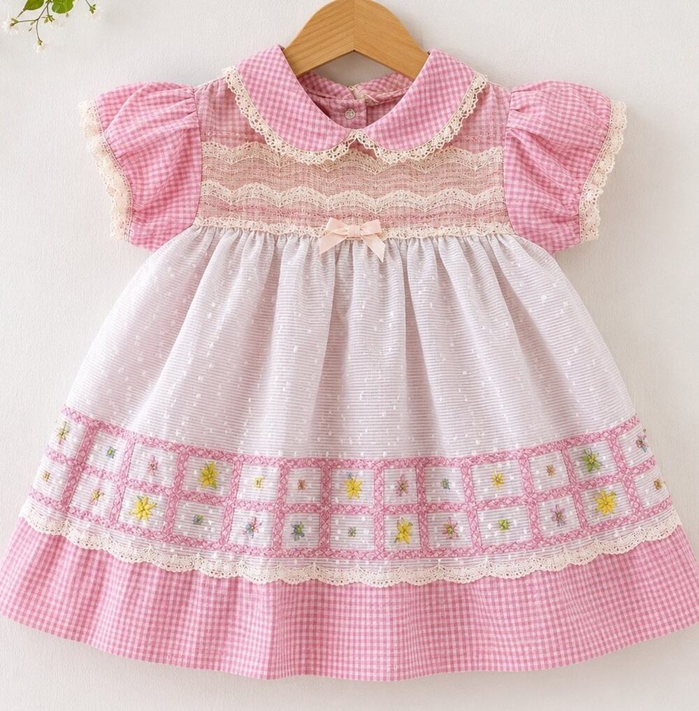 Vtg Roanna Baby Girls Dress 9M Pink Gingham Smocked Lace Embroidered Bow Easter
